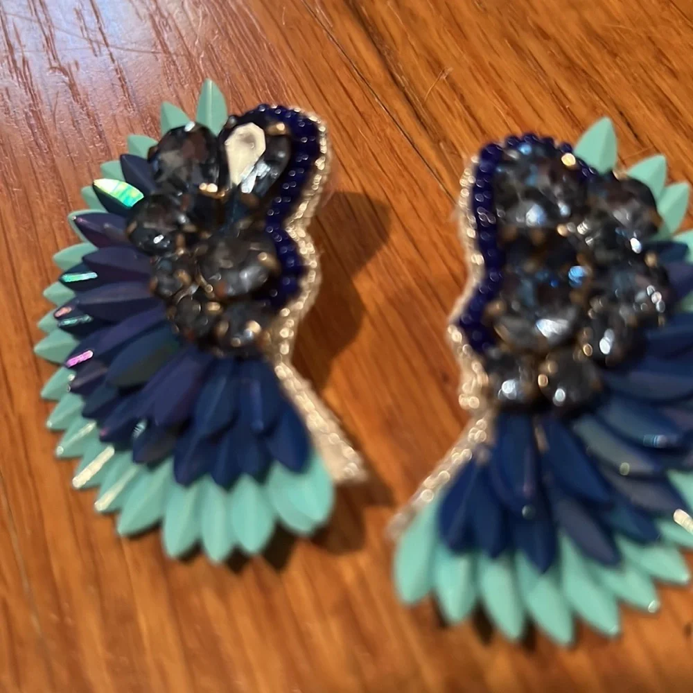 Blue rhinestone fan earrings